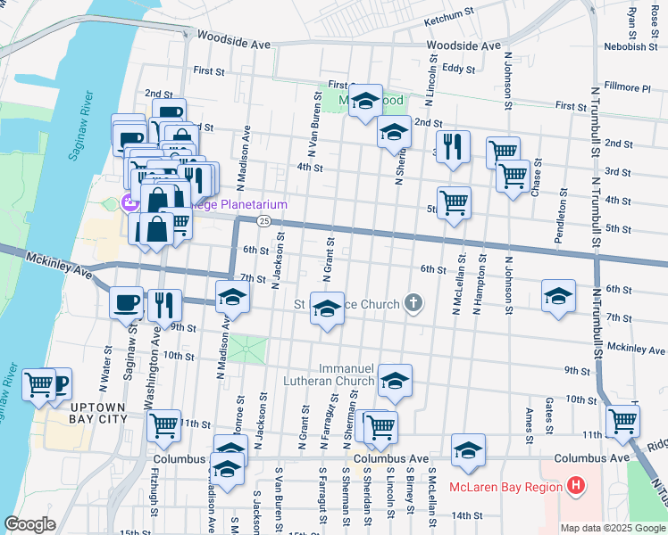map of restaurants, bars, coffee shops, grocery stores, and more near 620 North Grant Street in Bay City