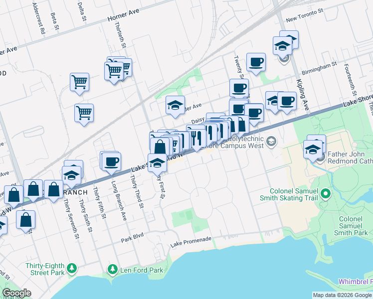 map of restaurants, bars, coffee shops, grocery stores, and more near 3400 Lake Shore Boulevard West in Toronto