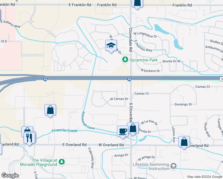 map of restaurants, bars, coffee shops, grocery stores, and more near 12424 West Norristown Street in Boise
