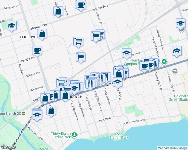 map of restaurants, bars, coffee shops, grocery stores, and more near 115 Long Branch Avenue in Toronto