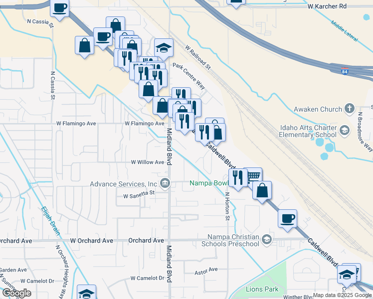 map of restaurants, bars, coffee shops, grocery stores, and more near 888 West Corporate Lane in Nampa