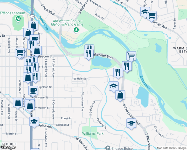 map of restaurants, bars, coffee shops, grocery stores, and more near 128 East Mallard Drive in Boise