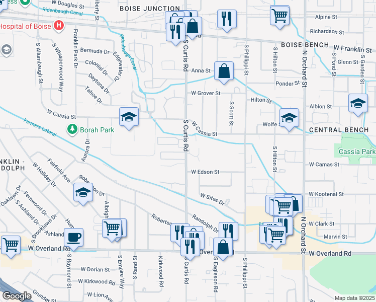 map of restaurants, bars, coffee shops, grocery stores, and more near 908 South Curtis Road in Boise