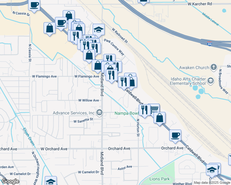map of restaurants, bars, coffee shops, grocery stores, and more near 888 West Corporate Lane in Nampa