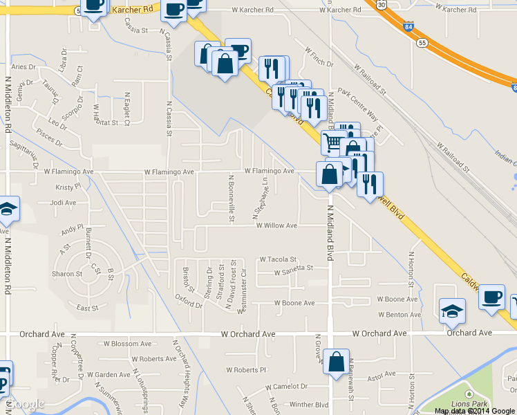 map of restaurants, bars, coffee shops, grocery stores, and more near 1299 North Stephanie Lane in Nampa