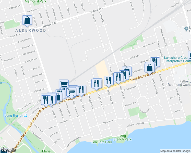 map of restaurants, bars, coffee shops, grocery stores, and more near 120 Long Branch Avenue in Toronto