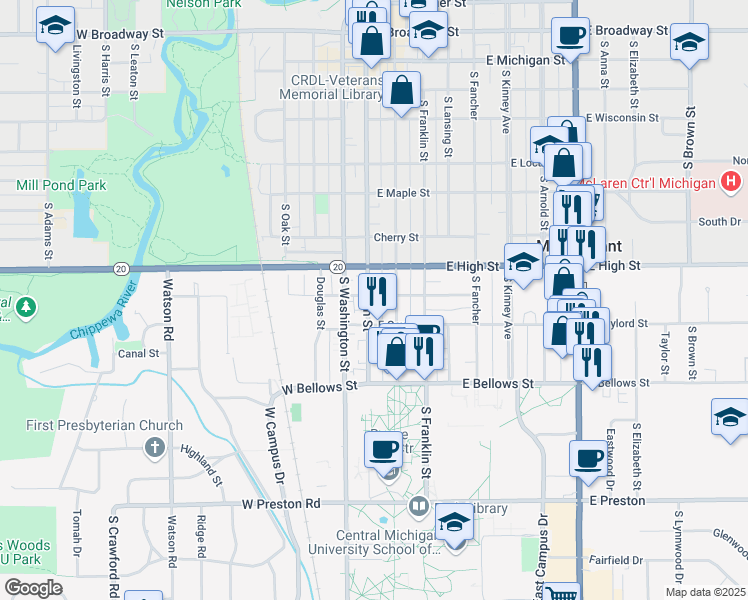 map of restaurants, bars, coffee shops, grocery stores, and more near 903 South Main Street in Mount Pleasant