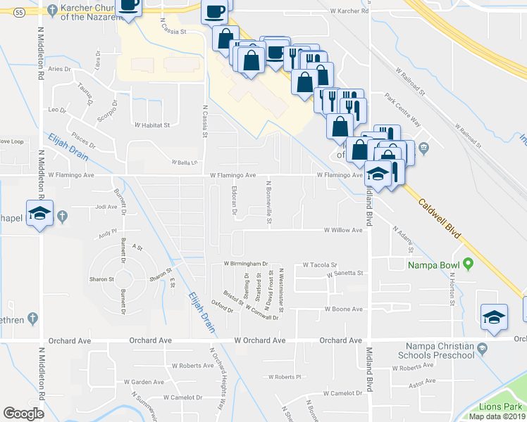 map of restaurants, bars, coffee shops, grocery stores, and more near 1425 West Bonneville Circle in Nampa