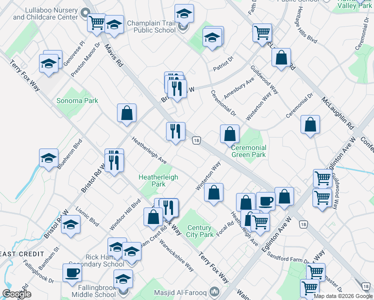 map of restaurants, bars, coffee shops, grocery stores, and more near 5223 Fairford Crescent in Mississauga