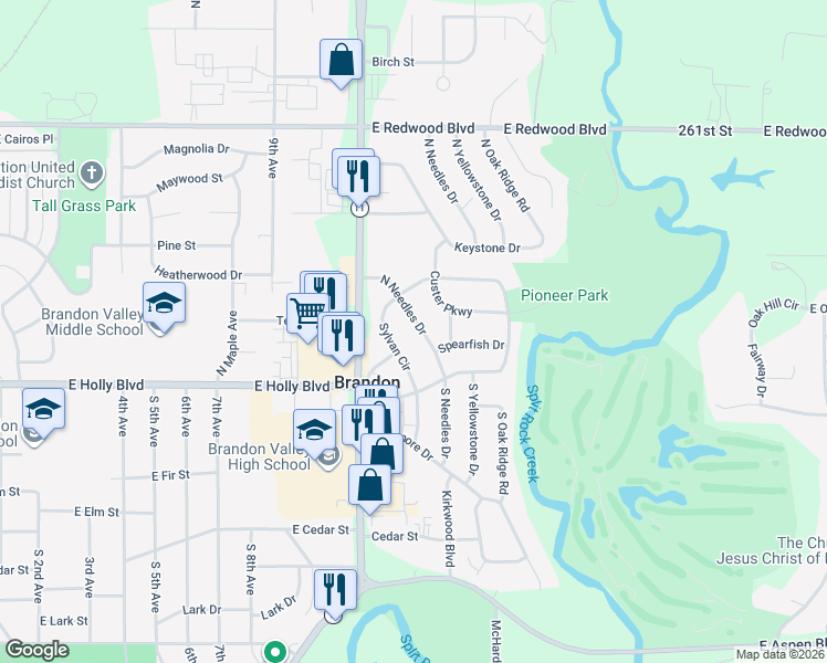 map of restaurants, bars, coffee shops, grocery stores, and more near 209 North Needles Drive in Brandon