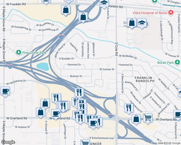 map of restaurants, bars, coffee shops, grocery stores, and more near 7712 Bobran Court in Boise