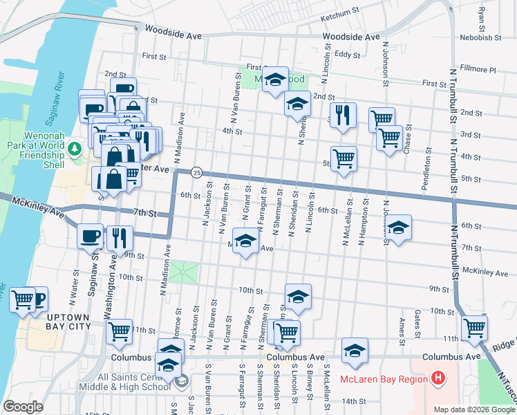map of restaurants, bars, coffee shops, grocery stores, and more near 620 North Grant Street in Bay City