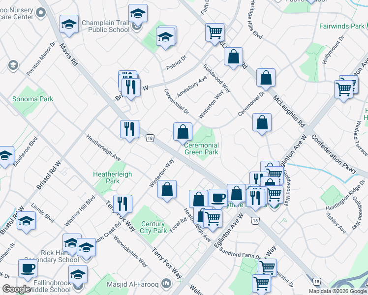 map of restaurants, bars, coffee shops, grocery stores, and more near 734 Winterton Way in Mississauga