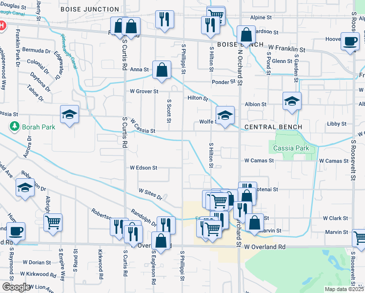 map of restaurants, bars, coffee shops, grocery stores, and more near 900 South Phillippi Street in Boise