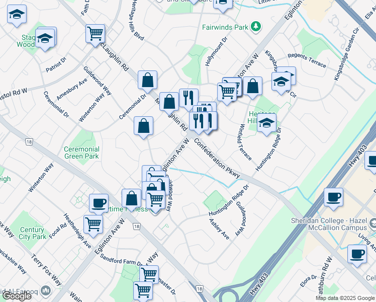 map of restaurants, bars, coffee shops, grocery stores, and more near 4639 Centretown Way in Mississauga
