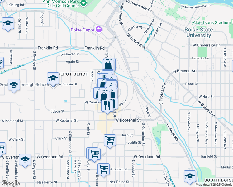 map of restaurants, bars, coffee shops, grocery stores, and more near 824 Robert Street in Boise