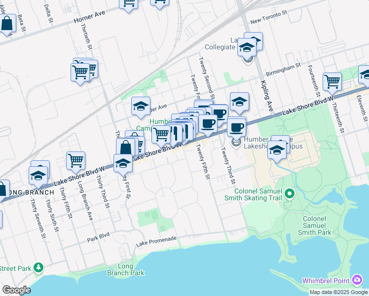 map of restaurants, bars, coffee shops, grocery stores, and more near 125 Twenty Seventh Street in Toronto