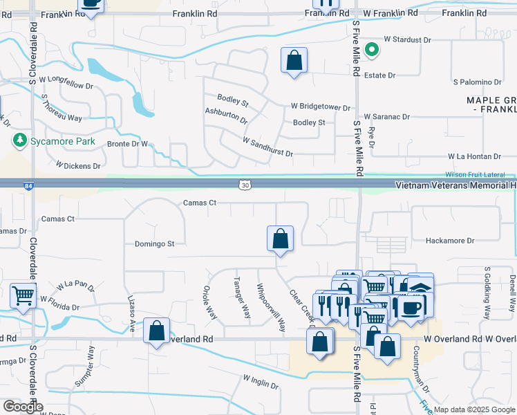 map of restaurants, bars, coffee shops, grocery stores, and more near 11079 West Camas Street in Boise