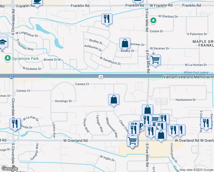 map of restaurants, bars, coffee shops, grocery stores, and more near 11079 West Camas Street in Boise