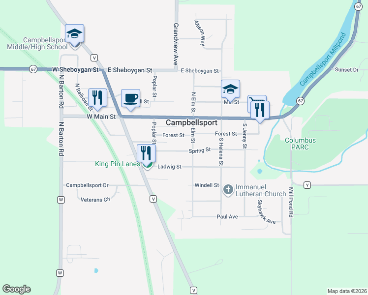 map of restaurants, bars, coffee shops, grocery stores, and more near 266 Spring Street in Campbellsport
