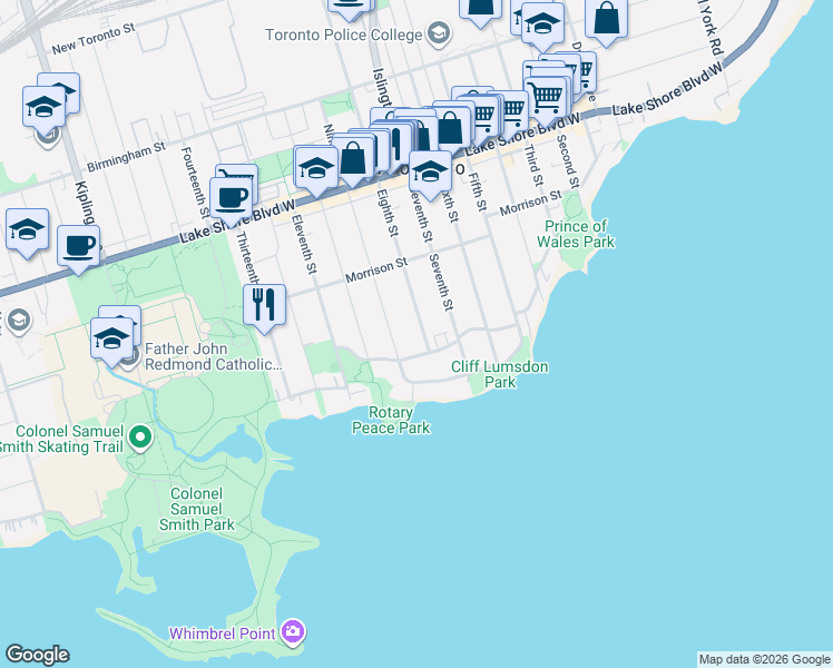 map of restaurants, bars, coffee shops, grocery stores, and more near 14 Eighth Street in Toronto
