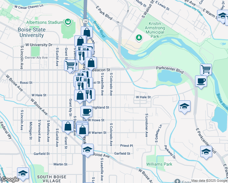 map of restaurants, bars, coffee shops, grocery stores, and more near 1331 South Colorado Avenue in Boise