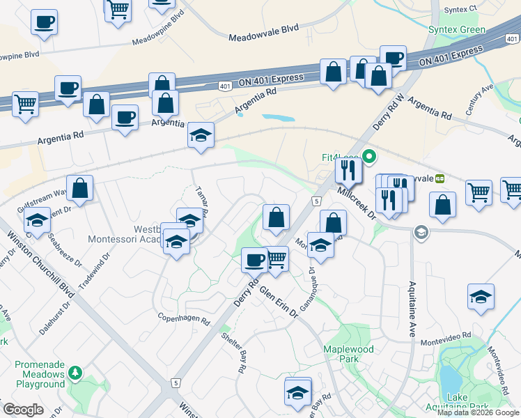 map of restaurants, bars, coffee shops, grocery stores, and more near Copenhagen Road in Mississauga