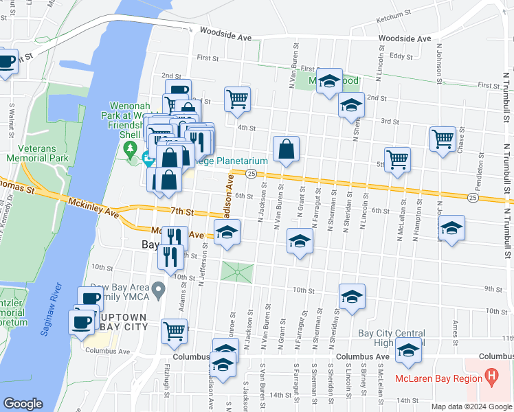 map of restaurants, bars, coffee shops, grocery stores, and more near 613 North Jackson Street in Bay City