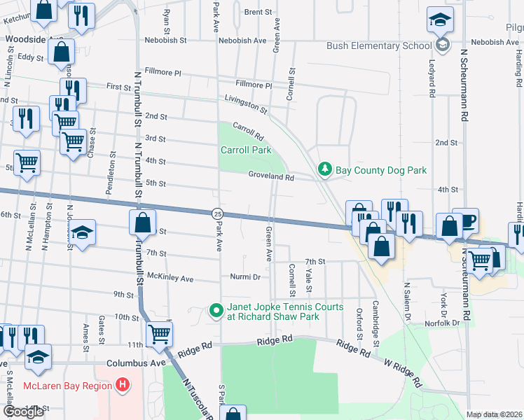 map of restaurants, bars, coffee shops, grocery stores, and more near 2301 Center Avenue in Bay City