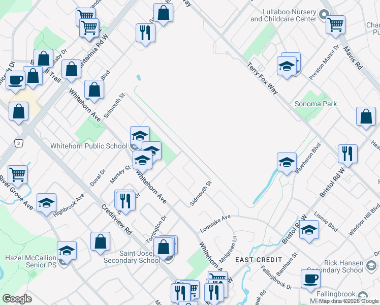map of restaurants, bars, coffee shops, grocery stores, and more near 5837 Sidmouth Street in Mississauga