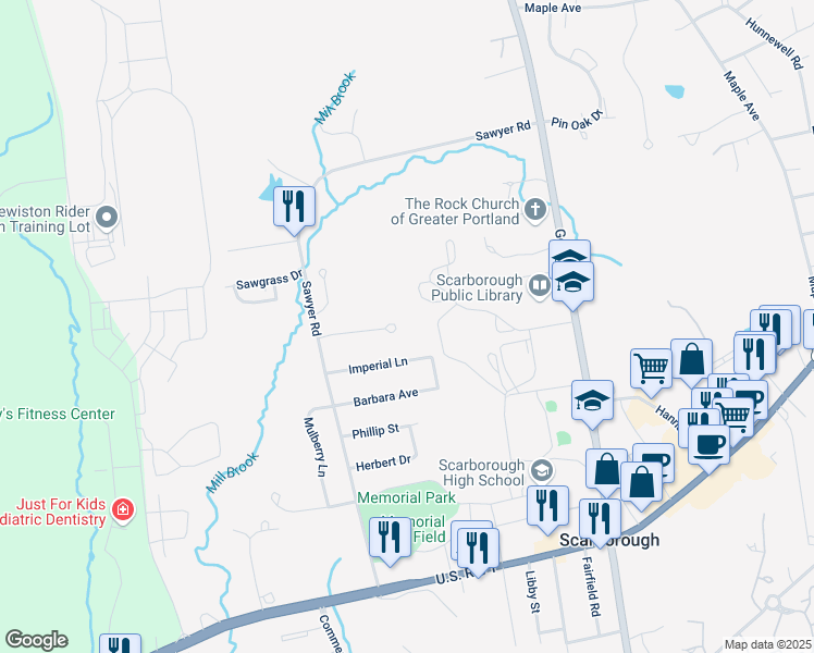 map of restaurants, bars, coffee shops, grocery stores, and more near 21 Sage Brush Drive in Scarborough