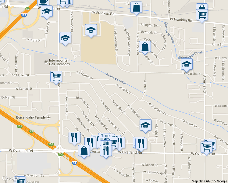 map of restaurants, bars, coffee shops, grocery stores, and more near 6832 Fairfield Avenue in Boise