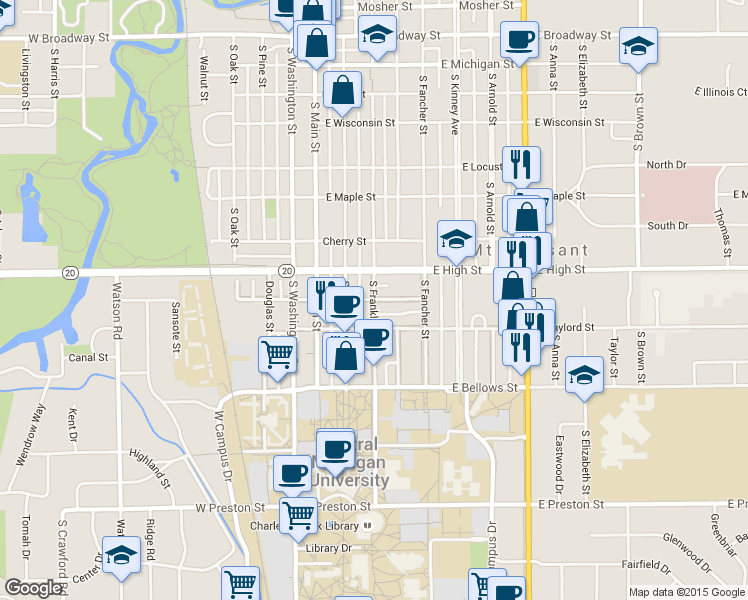 map of restaurants, bars, coffee shops, grocery stores, and more near 901 South Franklin Street in Mount Pleasant