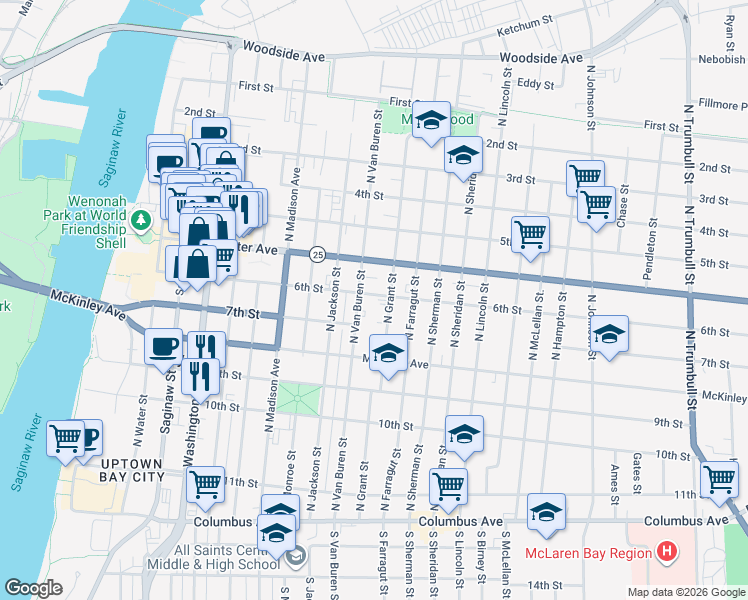 map of restaurants, bars, coffee shops, grocery stores, and more near 610 North Van Buren Street in Bay City