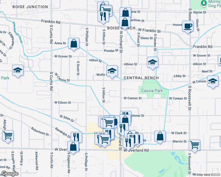 map of restaurants, bars, coffee shops, grocery stores, and more near 5175 Blaser Lane in Boise