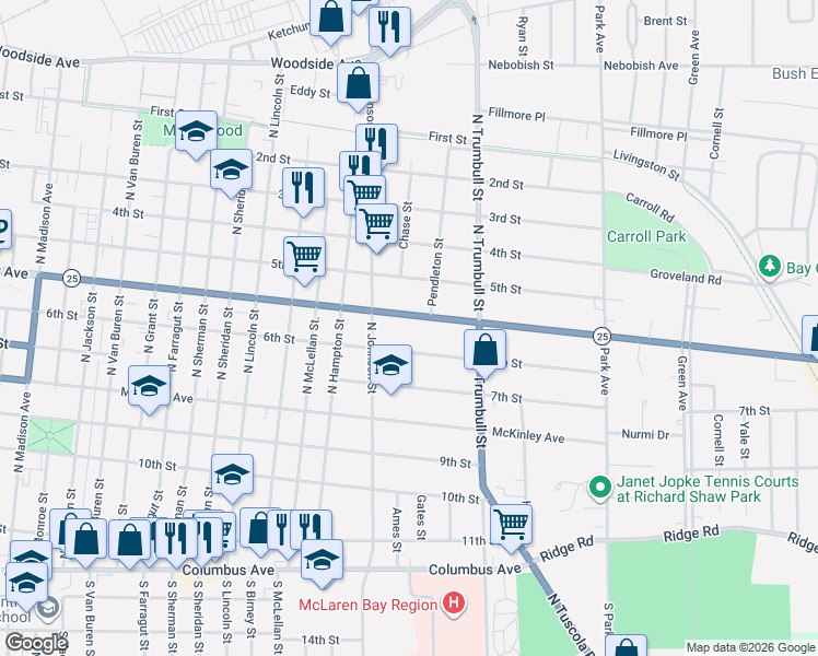 map of restaurants, bars, coffee shops, grocery stores, and more near 1933 6th Street in Bay City