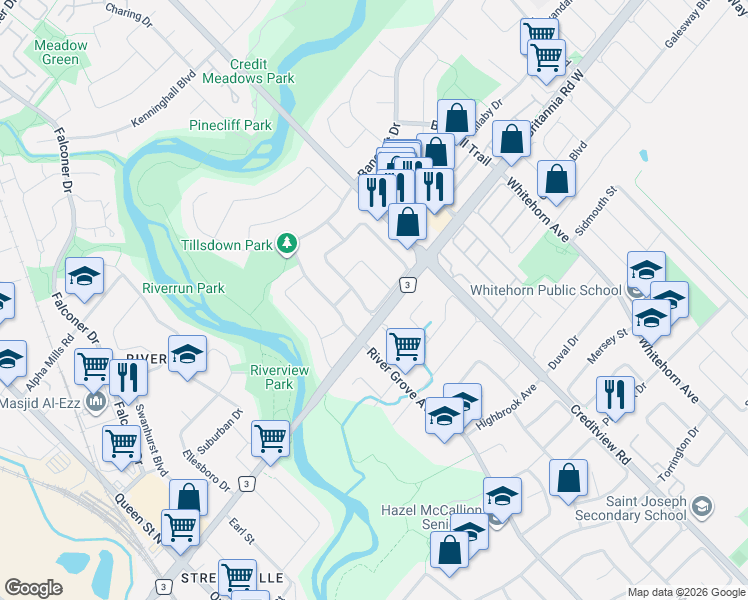 map of restaurants, bars, coffee shops, grocery stores, and more near 6282 Camgreen Circle in Mississauga