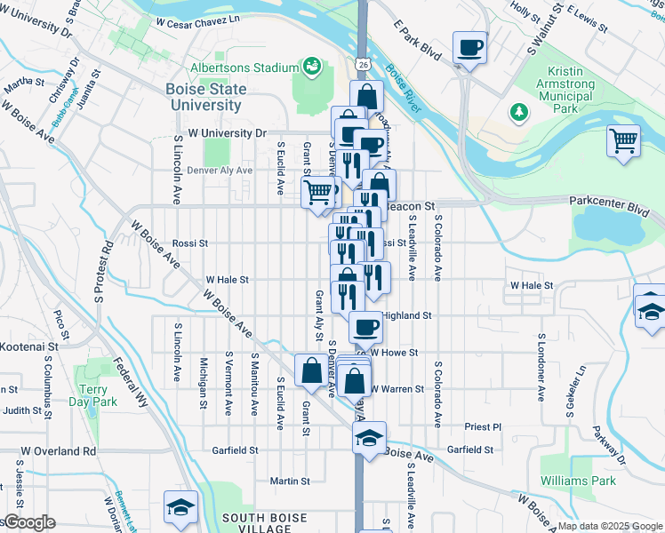 map of restaurants, bars, coffee shops, grocery stores, and more near 1375 Broadway Avenue in Boise
