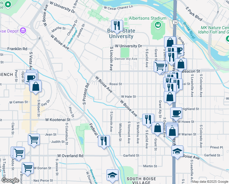 map of restaurants, bars, coffee shops, grocery stores, and more near 1615 West Boise Avenue in Boise