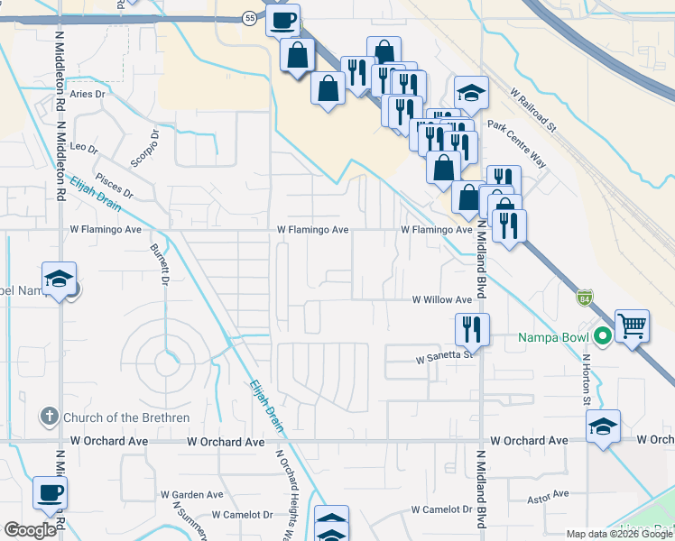 map of restaurants, bars, coffee shops, grocery stores, and more near 1425 West Bonneville Circle in Nampa