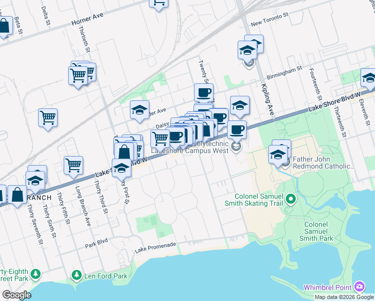 map of restaurants, bars, coffee shops, grocery stores, and more near 3285 Lake Shore Boulevard West in Toronto