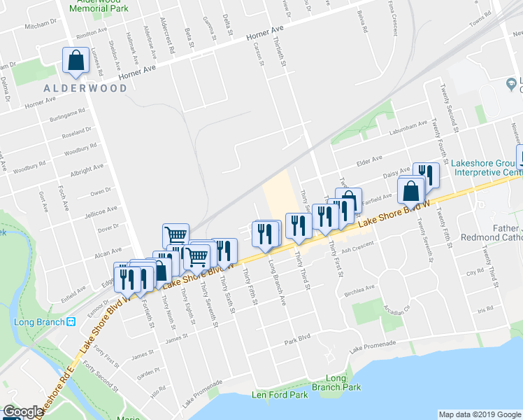 map of restaurants, bars, coffee shops, grocery stores, and more near 120 Long Branch Avenue in Toronto