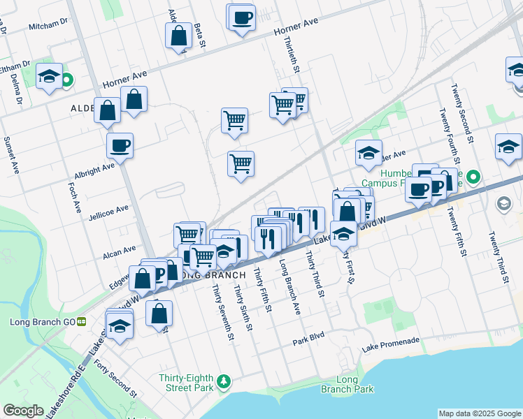 map of restaurants, bars, coffee shops, grocery stores, and more near 125 Long Branch Avenue in Toronto