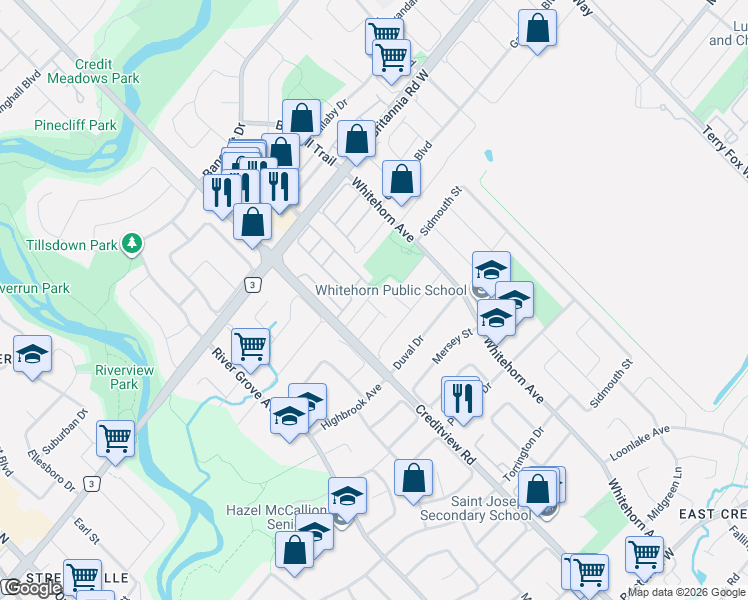 map of restaurants, bars, coffee shops, grocery stores, and more near in Mississauga