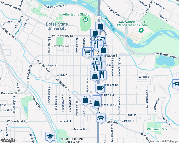 map of restaurants, bars, coffee shops, grocery stores, and more near 1321 South Denver Avenue in Boise