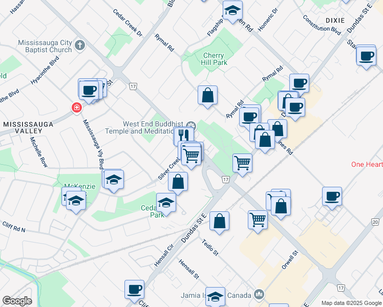 map of restaurants, bars, coffee shops, grocery stores, and more near 3100 Cawthra Road in Mississauga
