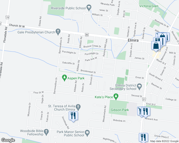 map of restaurants, bars, coffee shops, grocery stores, and more near 127 Brookmead St in Elmira