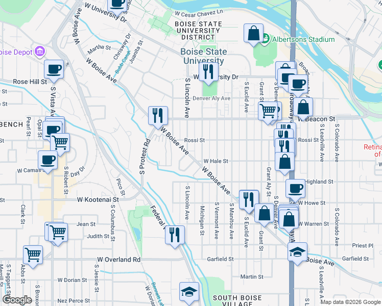 map of restaurants, bars, coffee shops, grocery stores, and more near 1615 West Boise Avenue in Boise