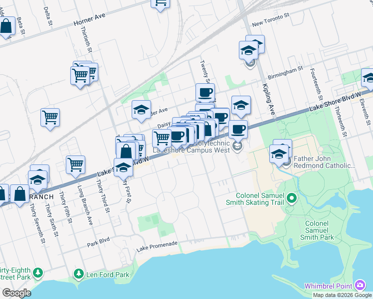 map of restaurants, bars, coffee shops, grocery stores, and more near 3317 Lake Shore Boulevard West in Toronto