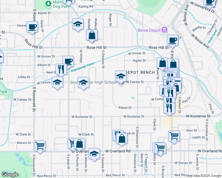 map of restaurants, bars, coffee shops, grocery stores, and more near 904 South Owyhee Street in Boise